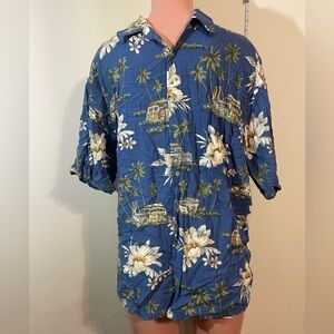 Pierre Cardin camp Shirt men’s large Hawaiian flowers van w/ surfboard blue‎